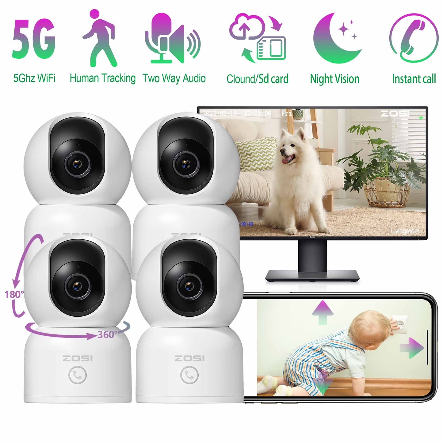 2K 5Ghz Wifi Security Camera, 4Pack Audio 360°View PTZ Camera with PIR Motion Sensor, Indoor/Outdoor IP Camera with Night Vision, Pet/Office/Baby Monitor