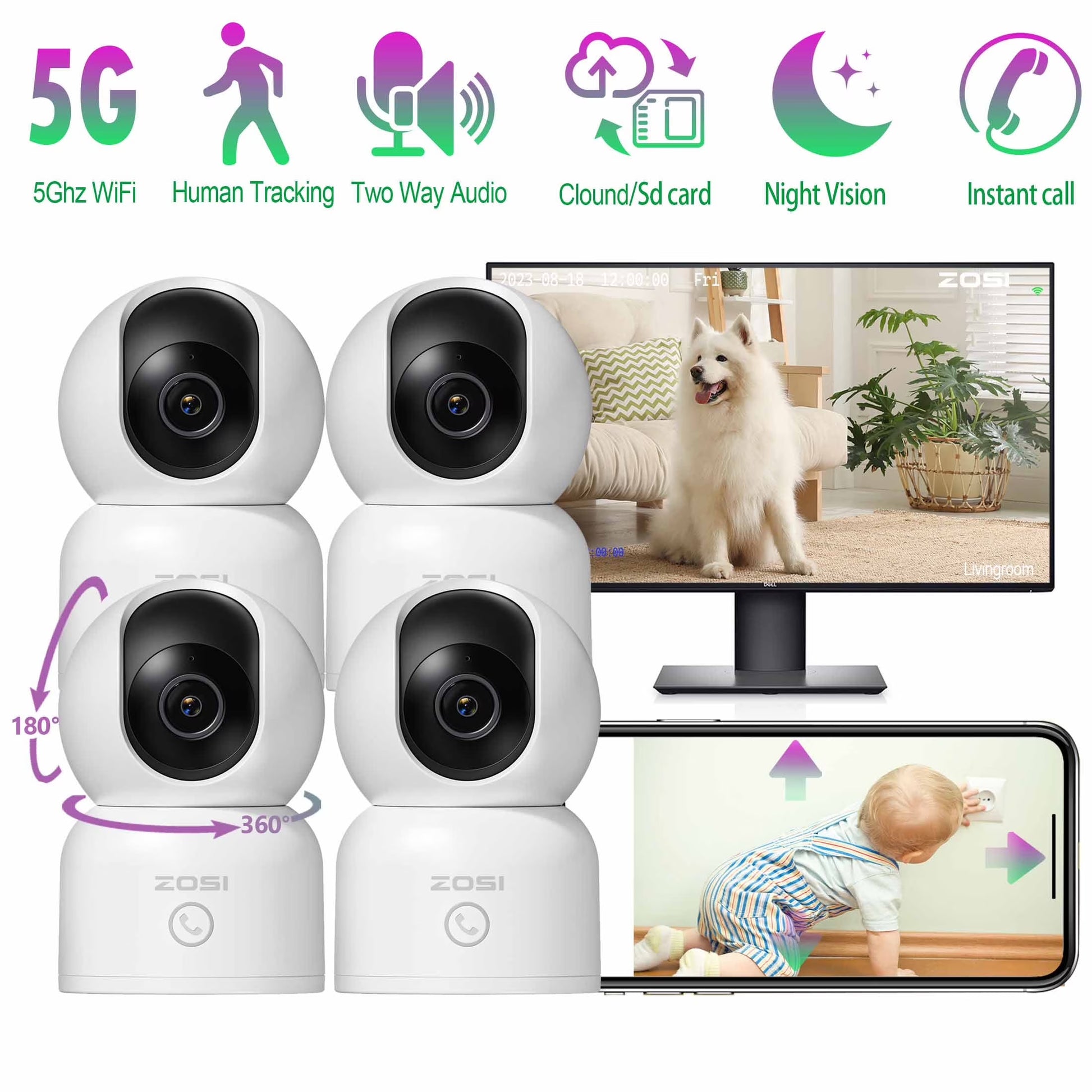 2K 5Ghz Wifi Security Camera, 4Pack Audio 360°View PTZ Camera with PIR Motion Sensor, Indoor/Outdoor IP Camera with Night Vision, Pet/Office/Baby Monitor