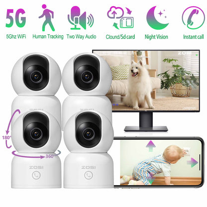 2K 5Ghz Wifi Security Camera, 4Pack Audio 360°View PTZ Camera with PIR Motion Sensor, Indoor/Outdoor IP Camera with Night Vision, Pet/Office/Baby Monitor