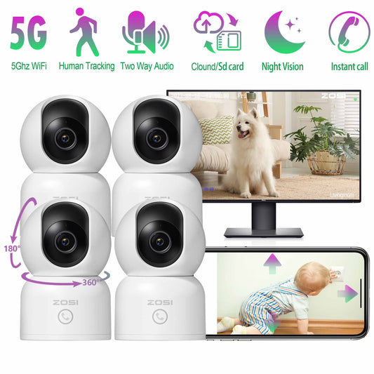 2K 5Ghz Wifi Security Camera, 4Pack Audio 360°View PTZ Camera with PIR Motion Sensor, Indoor/Outdoor IP Camera with Night Vision, Pet/Office/Baby Monitor
