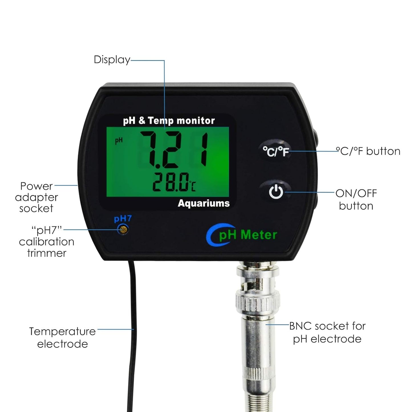 PH Monitor & Temperature Meter 2 in 1 Digital Water Quality Tester Sensor Test Kit with Automatic Calibration/Replaceable BNC Electrode Probe for Aquariums Hydroponics Tanks Aquaculture Laboratory