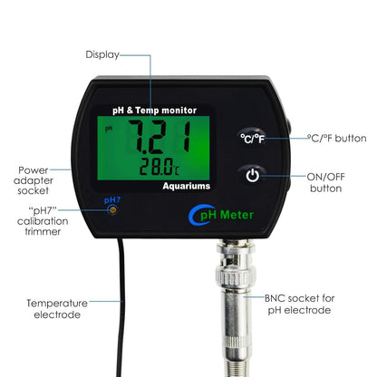 PH Monitor & Temperature Meter 2 in 1 Digital Water Quality Tester Sensor Test Kit with Automatic Calibration/Replaceable BNC Electrode Probe for Aquariums Hydroponics Tanks Aquaculture Laboratory