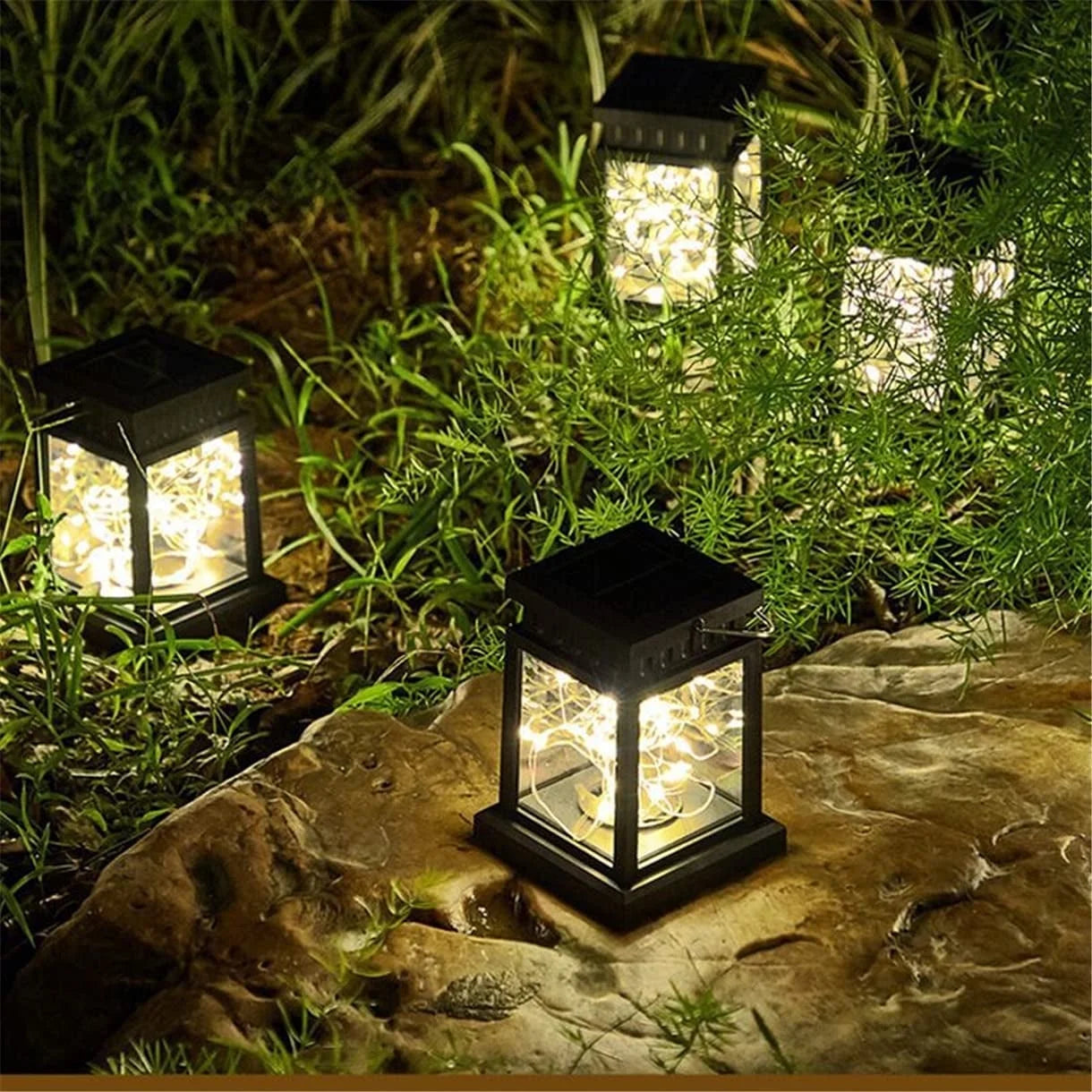 Outdoor Solar Lanterns, Waterproof Hanging Lights with Retro Design, Warm White LED Fairy Lights for Garden, Patio, Yard, Tabletop Decoration (Pack of 2)