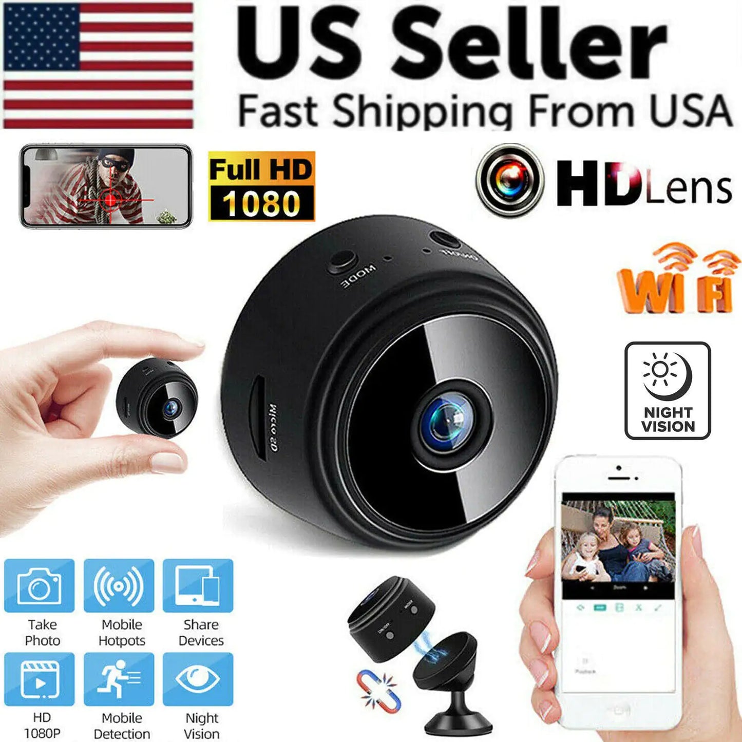 GuardianEye Mini Magnetic WiFi Nanny Cam – 1080P HD Wireless Security Camera with Night Vision & Motion Alerts - NexaHome