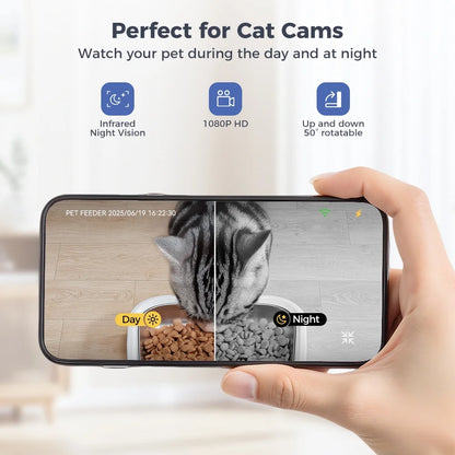 Automatic Cat Feeder with Camera & Night Vision,  Wifi Cat Food Dispenser Dog Timed Feeder Two-Way Audio 6L Pet Feeder for Cat/Dog, APP