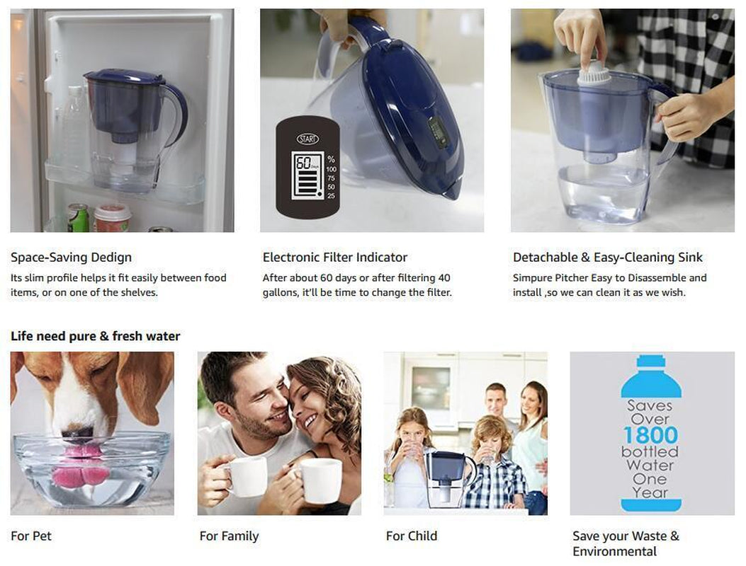 Simpure Water Filter Pitcher Bpa-Free, Reduce TDS 10 Cup 3.5L 1 Pitcher 4 Filter