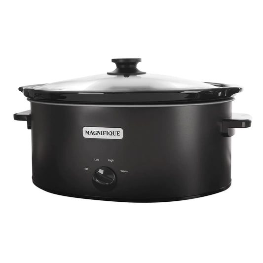A ChefRelief 6-quart oval manual slow cooker in black stainless steel, featuring a glass lid and three heat settings for family meal prep.