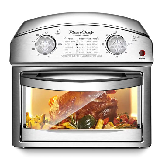 A professional 12-liter stainless steel air fryer with dual analog control knobs and a glass viewing door, showcasing a modern kitchen aesthetic.