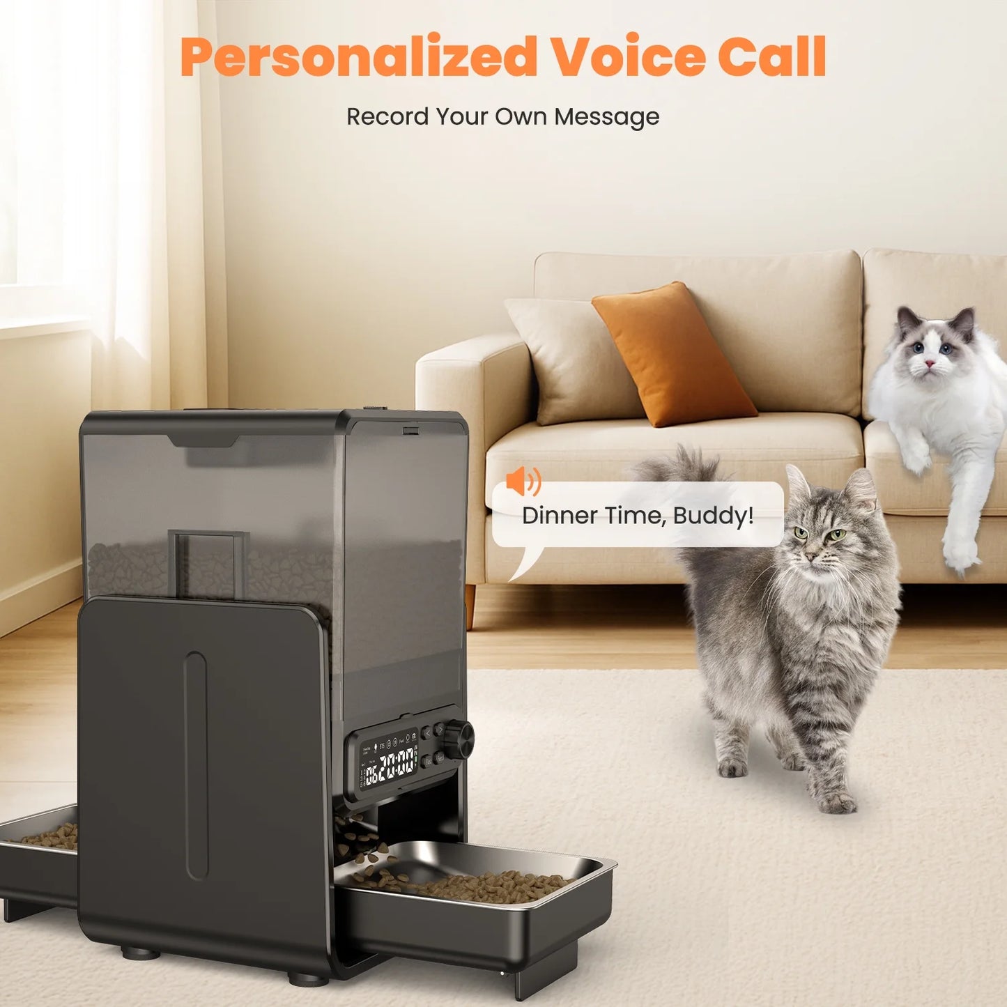 Automatic Cat Feeder, Pet Feeder for 2 Cats/2 Small Dogs,5L/20 Cups, 6 Meal/Day Elevated Timed Dog Food Dispenser with Dual Bowls ,Voice Call