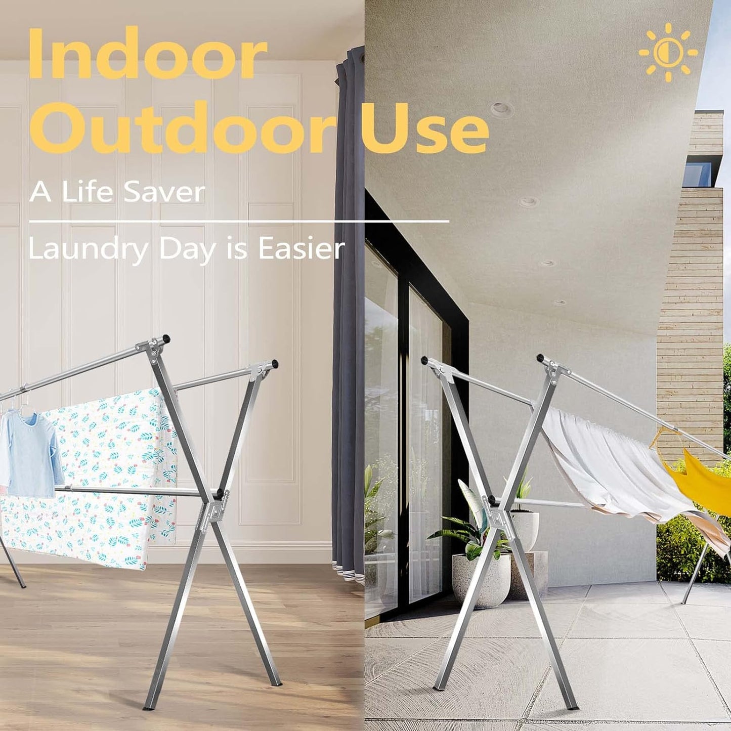 63 Inches Clothes Drying Rack, Heavy Duty Stainless Steel Laundry Drying Rack Folding Indoor Outdoor, Portable Drying Rack Clothing, Free-Standing Laundry Stand with 20 Windproof Hooks