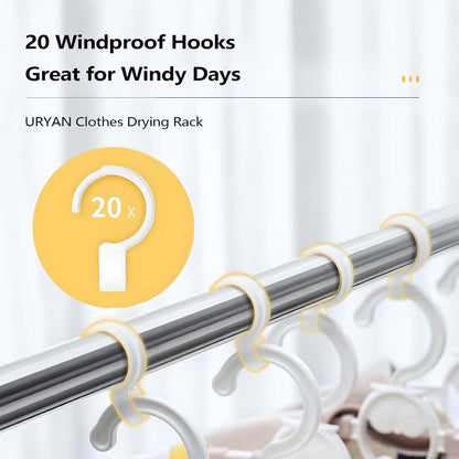 63 Inches Clothes Drying Rack, Heavy Duty Stainless Steel Laundry Drying Rack Folding Indoor Outdoor, Portable Drying Rack Clothing, Free-Standing Laundry Stand with 20 Windproof Hooks