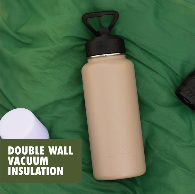 (3 Pack)  32 Oz Insulated Stainless Steel Wide Mouth Water Bottle, Tan, Flip Lid with Loop Handle