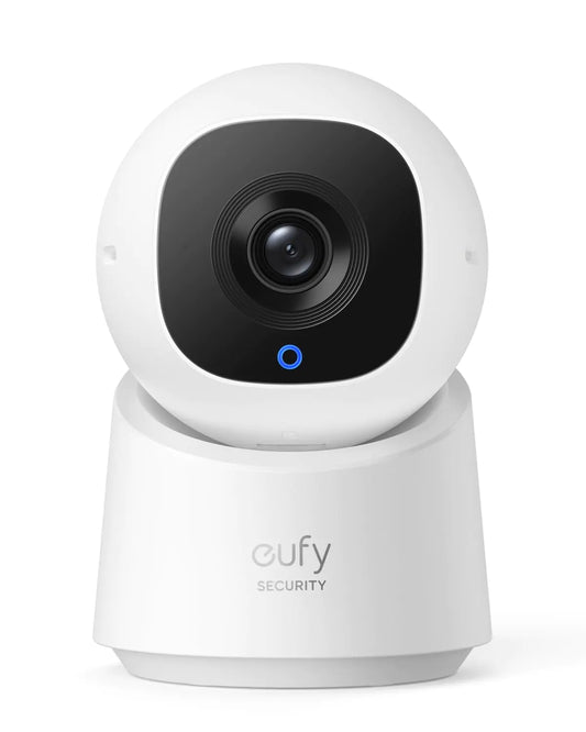 A white eufy C220 smart indoor security camera featuring a 360-degree pan-and-tilt head and a 2K high-definition lens for total home surveillance.