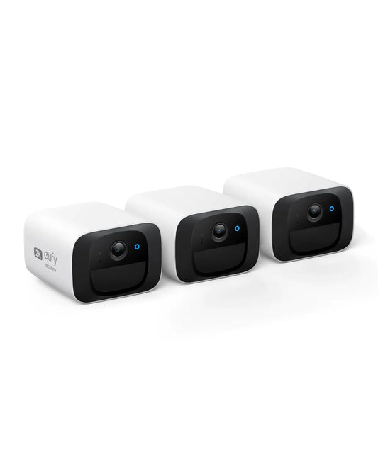 A three-pack of white eufy SoloCam C210 wireless outdoor security cameras featuring 2K resolution lenses and mounting hardware.