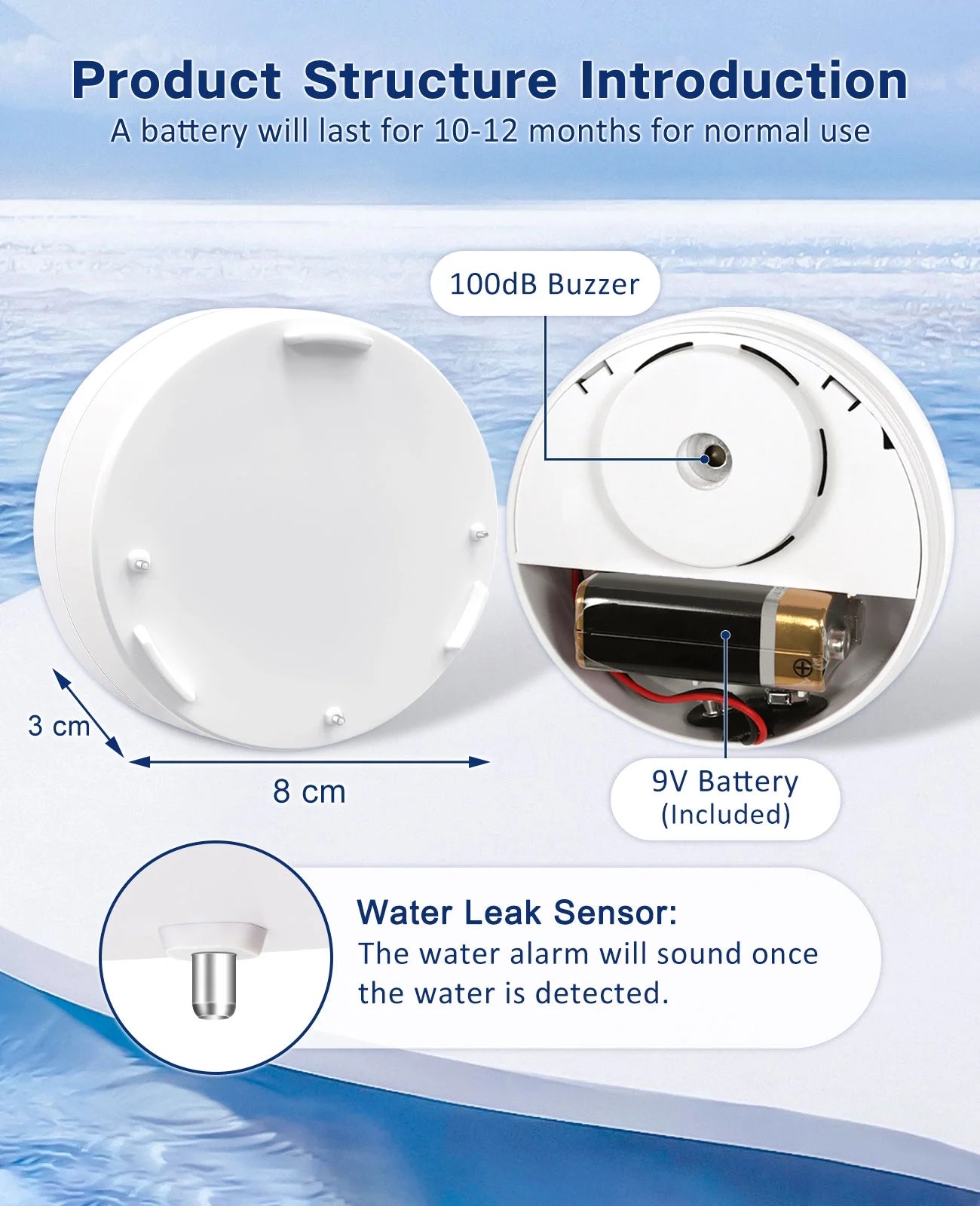 4 Pack Water Leak Detectors for Home, 100Db Water Sensor Alarm Leak Detector for Basements, Bathrooms, Kitchens, Garages, Battery-Operated (Battery Included)
