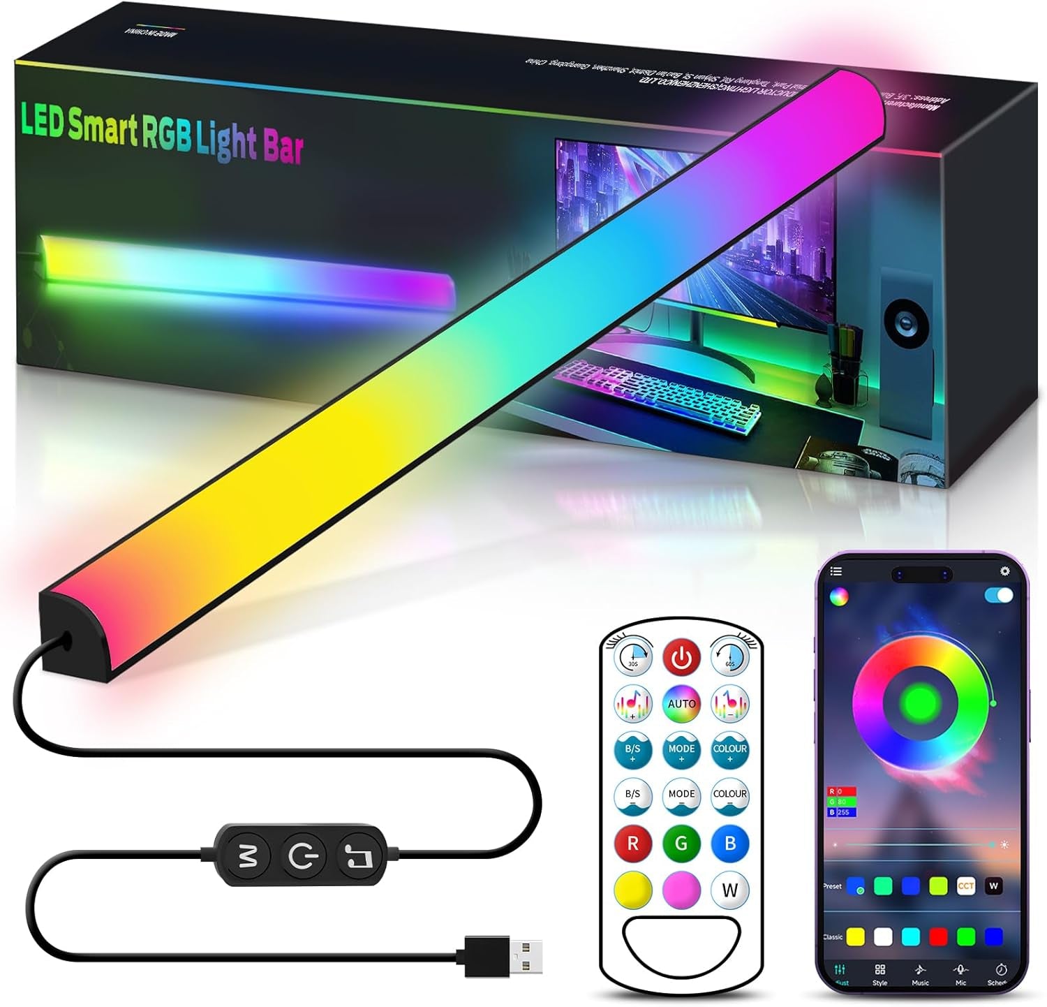 Monitor down Light Bar, RGB Screen Desk Light PC, Dimmable LED Dynamic Rainbow E
