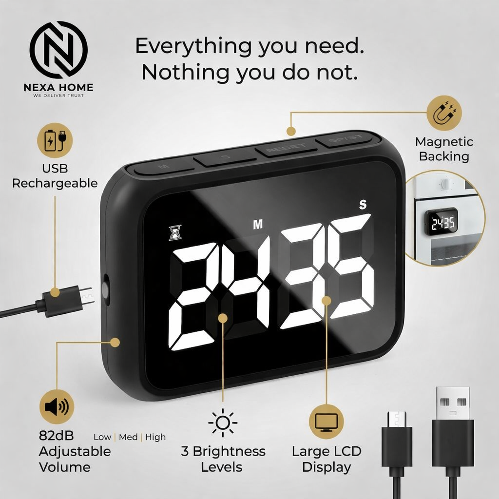 LuminaTime™ USB Rechargeable Kitchen Timer – Magnetic Countdown & Stopwatch with Large LCD Display, Adjustable Volume (82dB) & 3 Brightness Levels for Cooking, Classroom & Workout