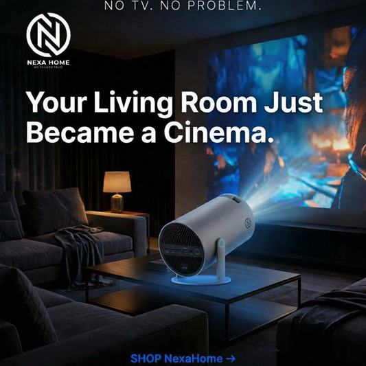 LumiView 180° Rotating Mini Projector casting a vivid 2K movie on a living room wall at night, with Android 11 and WiFi 6 for seamless indoor home cinema streaming.