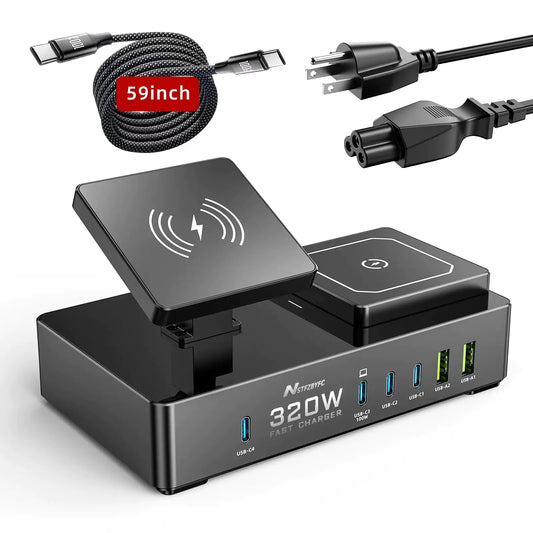 A sleek black 320W GaN charging station with 6 USB ports and two magnetic wireless pads charging an iPhone, Apple Watch, and MacBook simultaneously.