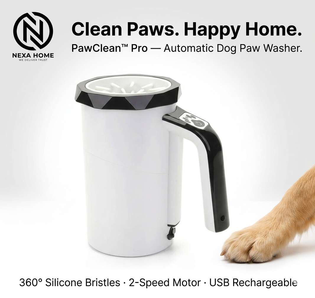 PawClean Pro automatic dog paw washer with white cylindrical body, black faceted rim, and integrated handle displayed on white surface beside a clean golden retriever paw — USB rechargeable electric pet paw cleaner for all dog breeds