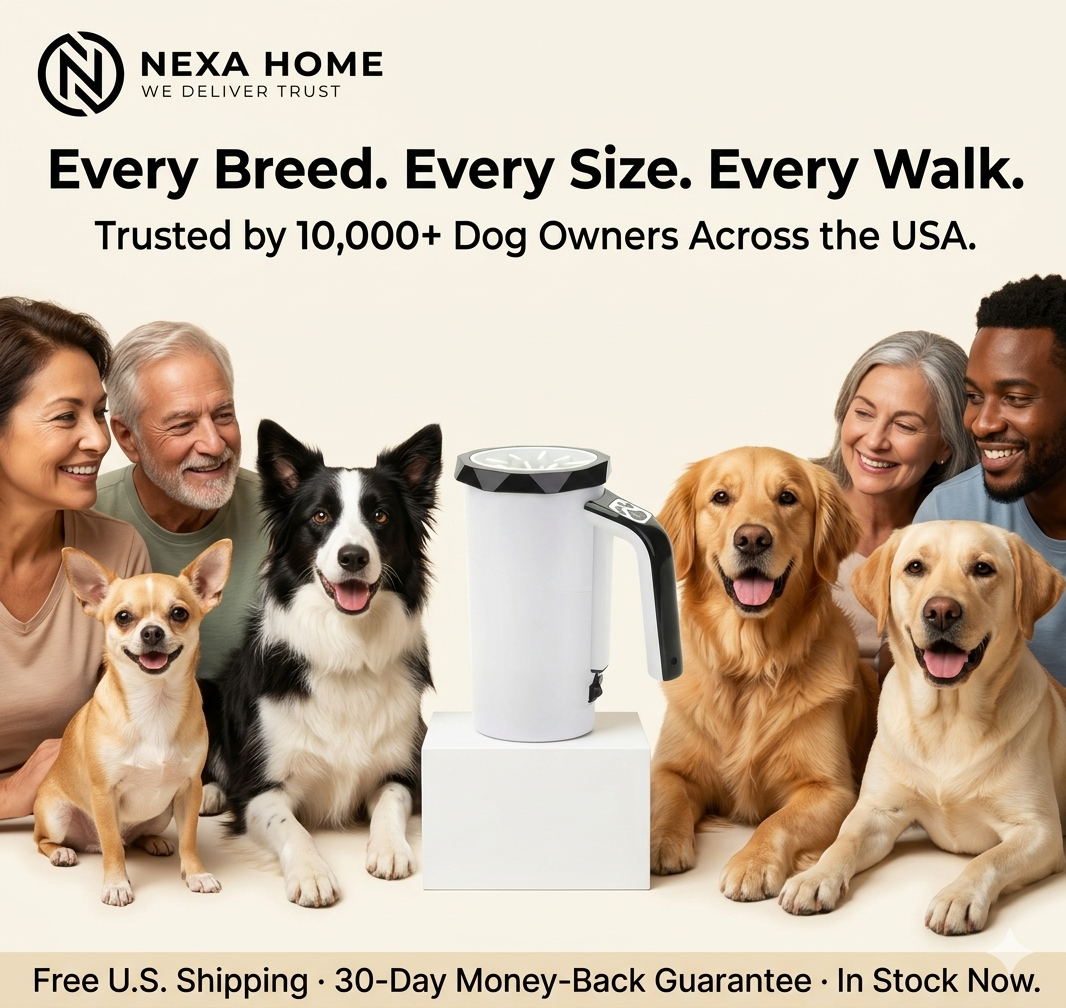 PawClean Pro automatic dog paw washer trusted by dog owners across the USA — multiple dog breeds including small, medium, and large dogs with clean paws shown alongside their happy owners, demonstrating universal compatibility for all dog sizes