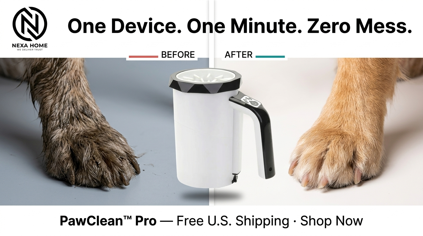 Before and after comparison showing a muddy dog paw versus a clean dry paw after using the PawClean Pro automatic paw washer — split-screen result demonstrating effective dirt and mud removal for dogs after outdoor walks