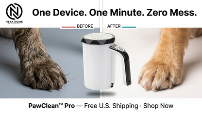 Before and after comparison showing a muddy dog paw versus a clean dry paw after using the PawClean Pro automatic paw washer — split-screen result demonstrating effective dirt and mud removal for dogs after outdoor walks