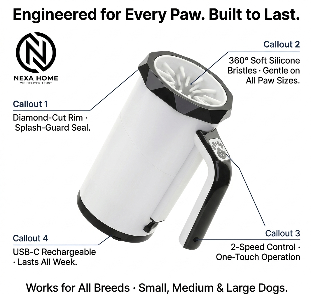 PawClean Pro automatic dog paw washer features overview — 360-degree soft silicone bristles, 2-speed paw-print control button, USB-C rechargeable charging port, and ergonomic black handle, shown in detailed studio product photography