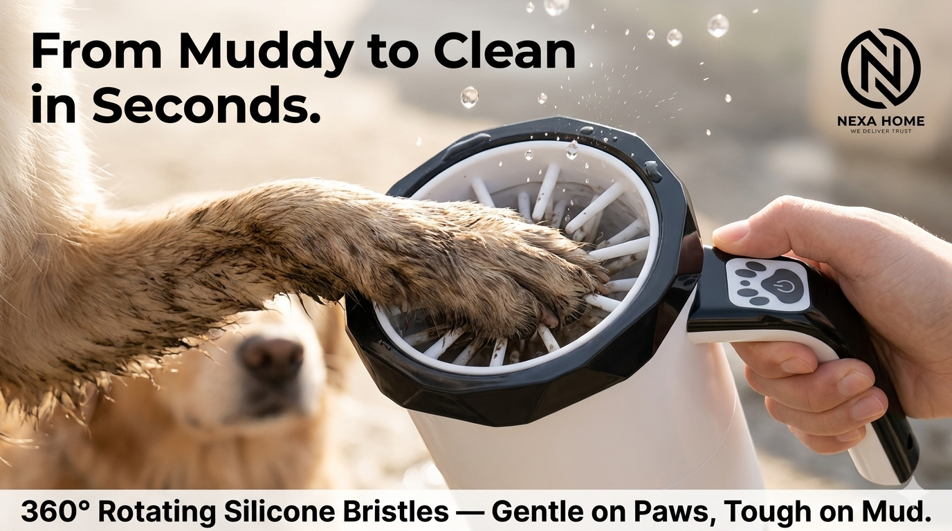 PawClean Pro automatic dog paw washer actively cleaning a muddy dog paw — 360-degree rotating silicone bristles removing dirt and mud with water, demonstrating fast and gentle electric paw washing for dogs of all sizes
