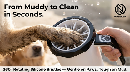 PawClean Pro automatic dog paw washer actively cleaning a muddy dog paw — 360-degree rotating silicone bristles removing dirt and mud with water, demonstrating fast and gentle electric paw washing for dogs of all sizes