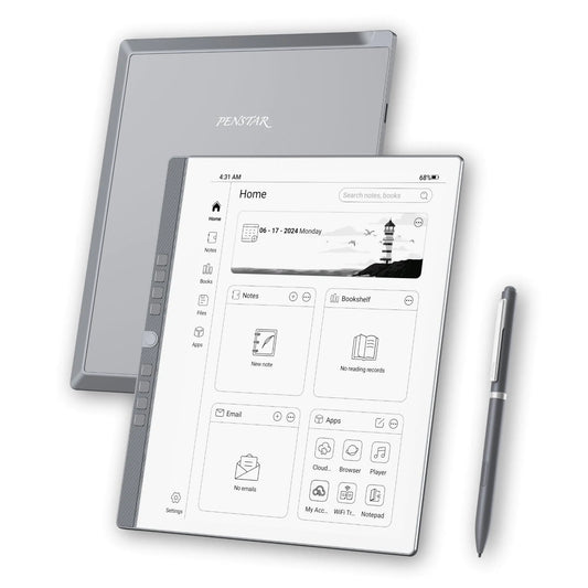 The Penstar eNote digital paper tablet featuring a 10.3 inch E-Ink display, showing handwritten notes and the included magnetic protective cover.