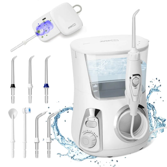 A professional white and blue 800ml water flosser with 10 pressure settings and an integrated storage case for 7 specialized dental jet tips.