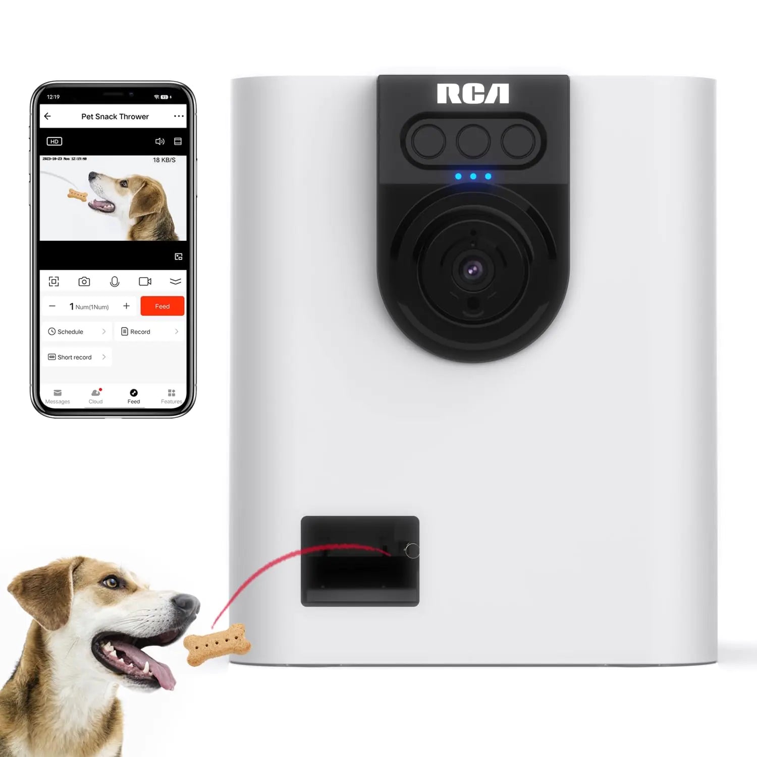 A sleek RCA Smart Pet Camera and Treat Dispenser showing a 1080p HD lens and treat exit port, designed for remote dog and cat interaction.