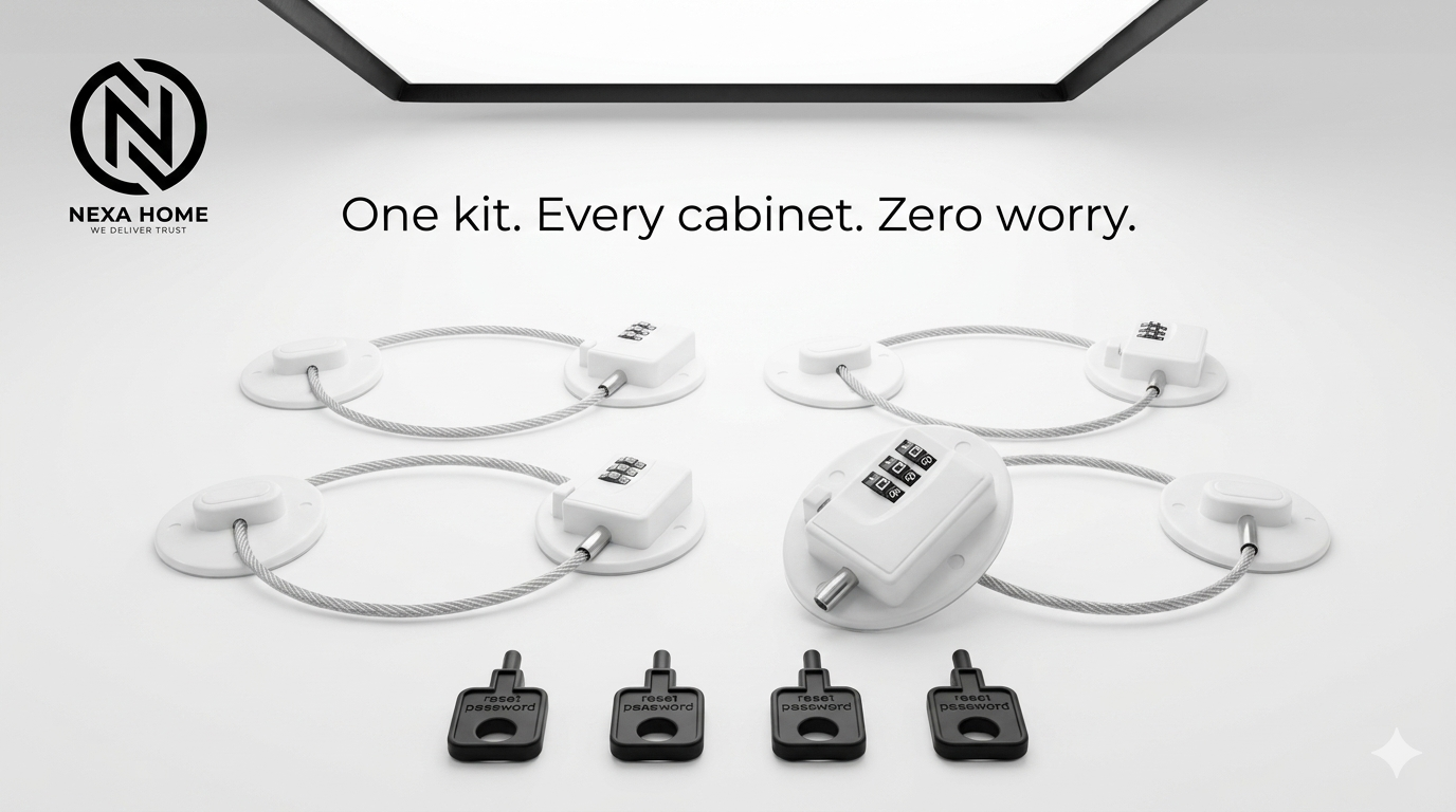 SecureLatch™ Keyless Cabinet Locks 4-Pack - Drill-Free Child Safety Latches with Flexible Steel Cable for Fridge, Freezer & Cupboards (White)