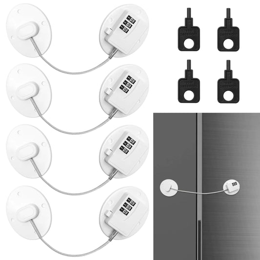 A 4-pack of white SecureLatch combination refrigerator locks featuring a drill-free adhesive back and heavy-duty stainless steel cable on a freezer door.