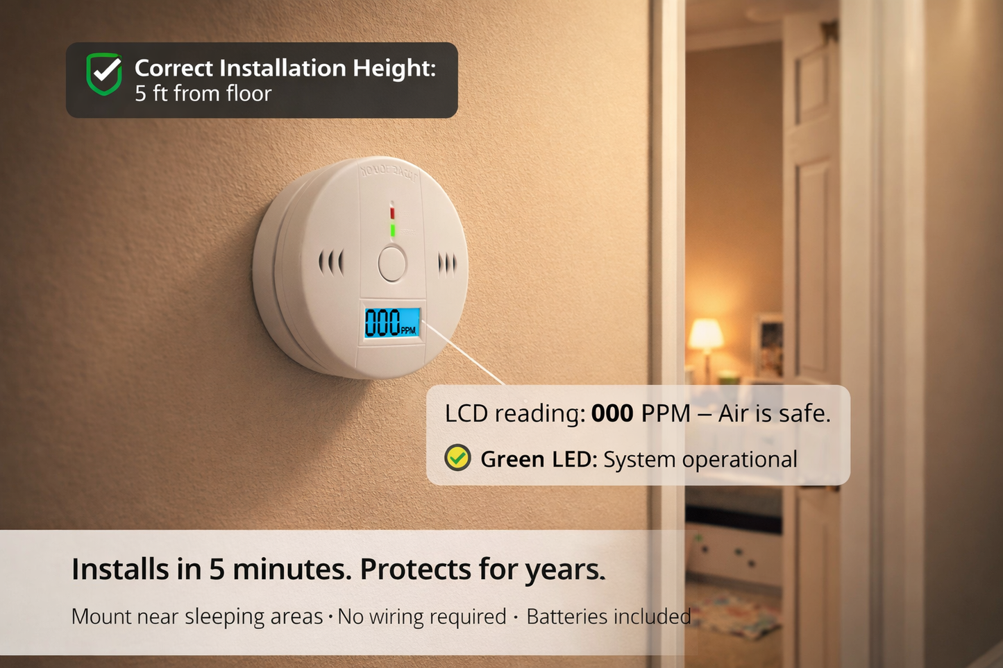 SentryPro Carbon Monoxide Detector – High-Precision Electrochemical CO Alarm with Backlit LCD Display