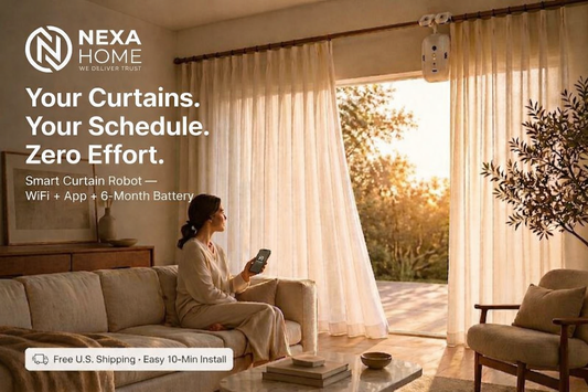 Smart Curtain Opener Robot with WiFi and App Control mounted on Roman rod, automatically opening sheer curtains in a modern living room at golden hour — 6-month battery, iOS and Android compatible