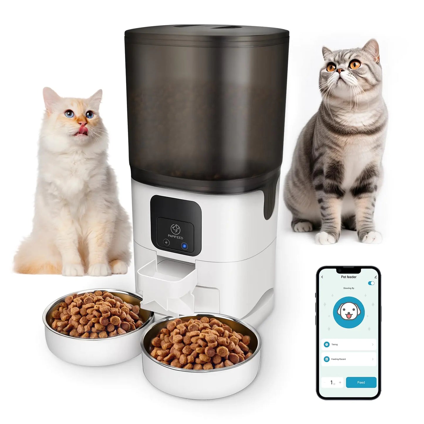 A sleek white DuoFeast 7L smart automatic cat feeder with a meal splitter and two stainless steel bowls, showing the smartphone app interface for scheduled feeding.
