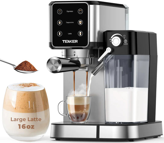 The silver TENKER 20-bar espresso machine brewing a fresh latte with automatic milk frother and a rich crema layer on the espresso.