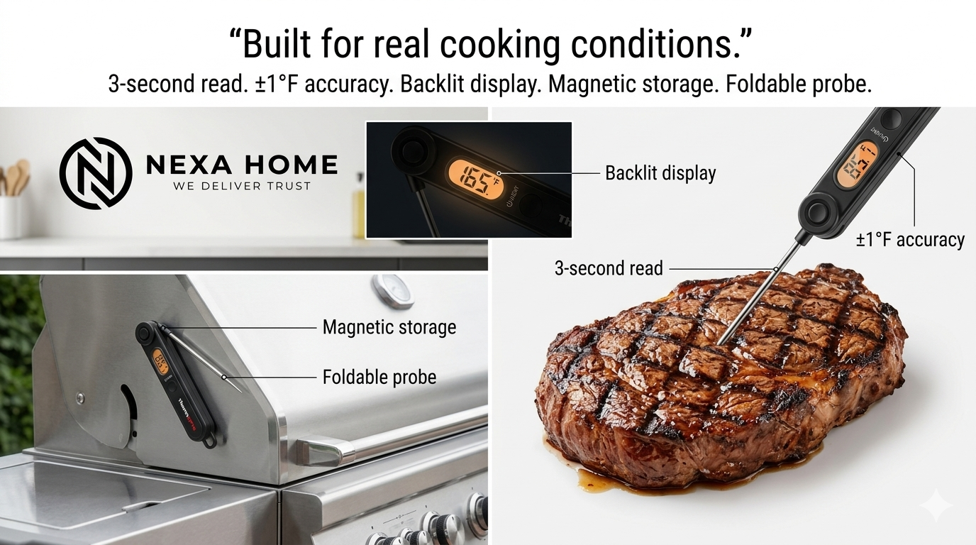 ThermoPro™ Instant-Read Meat Thermometer – 3-Second Digital Food Thermometer with Foldable Probe, Backlit Display & Magnetic Storage for BBQ, Grilling & Cooking