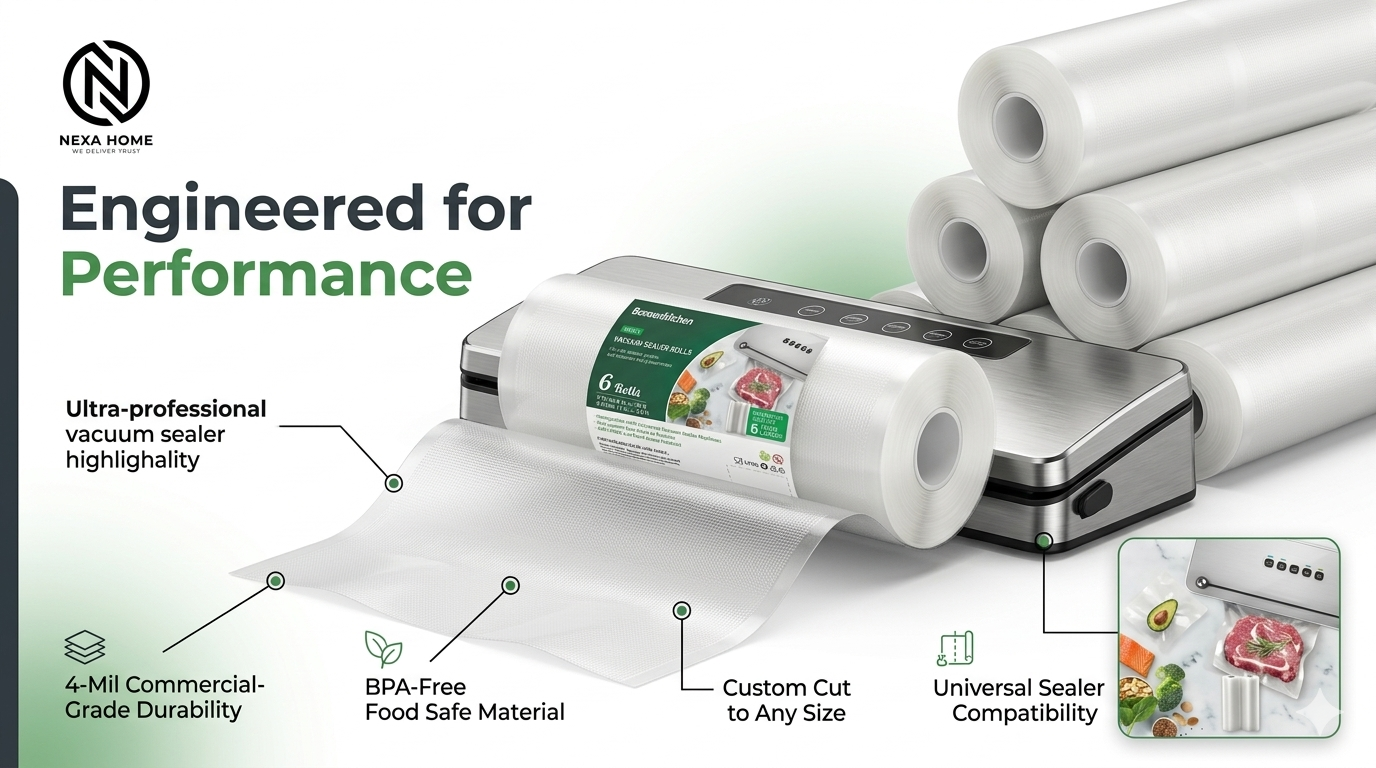 Bonsenkitchen Vacuum Sealer Rolls 6-Pack – 4-Mil Commercial Grade BPA-Free Food Storage Bags for Sous Vide and Meal Prep