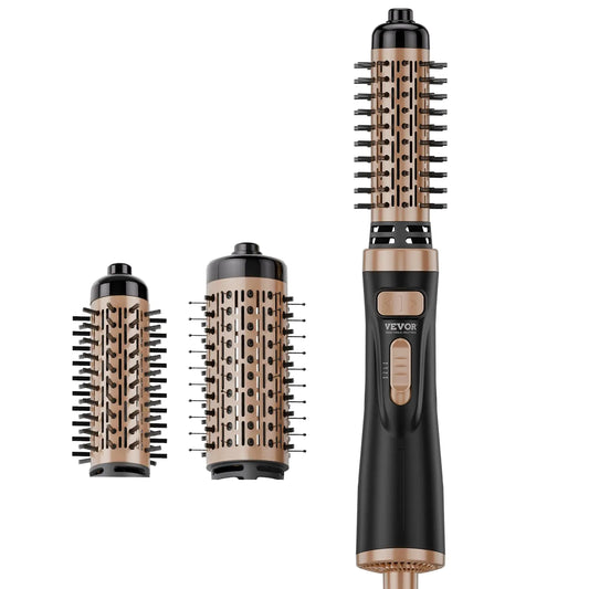 VEVOR 4-in-1 rotating hot air brush with 1.5-inch and 2-inch ceramic interchangeable heads for curling and volumizing.