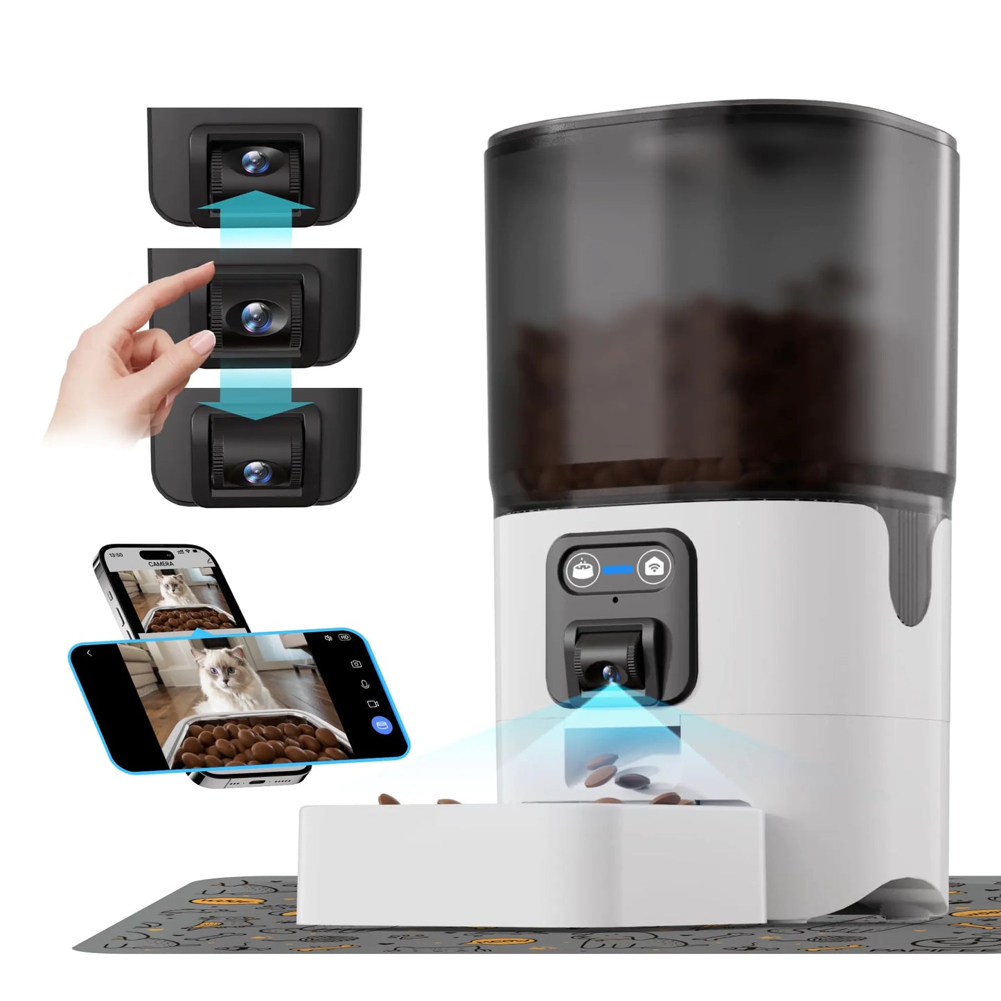 A white 6L smart automatic cat feeder with an adjustable camera and stainless steel bowl displayed on a gray silicone pet placemat.